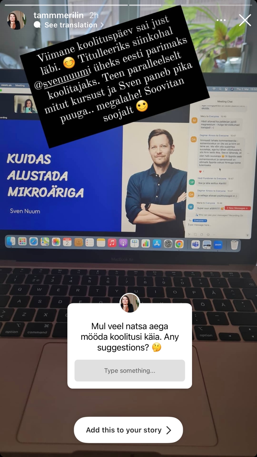 Osaleja Instagrami stoori Mikroäri Meetodi koolituspäevast