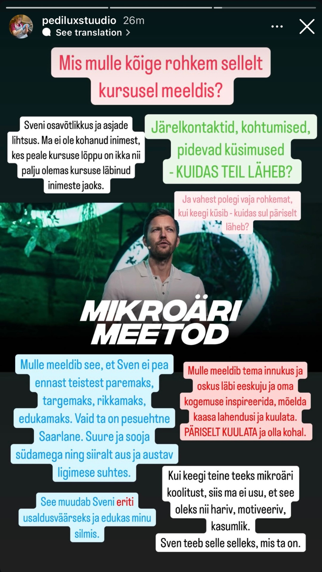 Osaleja Instagrami stoori Mikroäri Meetodi koolituspäevast